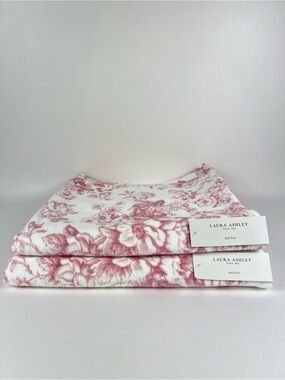 Laura Ashley Bath Towels Pink White Toile Floral Soft Velour Cotton 2 Pc Set NEW